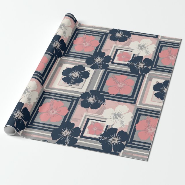 Elegant Blue Hibiscus Floral Pattern (9) Wrapping Paper (Unrolled)