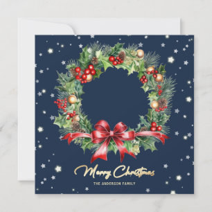 Elegant Blue Holly Berries Pine Wreath Photo Holiday Card