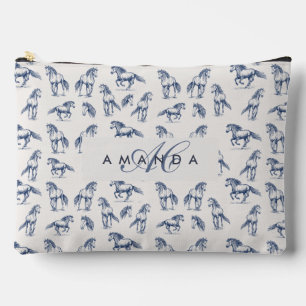 Elegant Blue Horses Monogrammed Initial Gifts Accessory Pouch