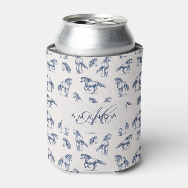 Elegant Blue Horses Monogrammed Initial Gifts Can Cooler (Can Front)