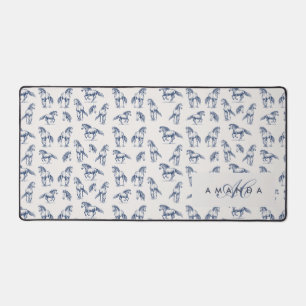 Elegant Blue Horses Monogrammed Initial Gifts Desk Mat