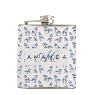 Elegant Blue Horses Monogrammed Initial Gifts Hip Flask