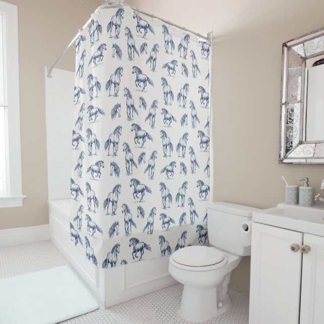 Elegant Blue Horses Monogrammed Initial Gifts Shower Curtain (In Situ)