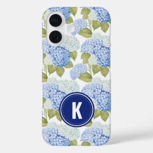Elegant Blue Hydragea Flowers Pattern Monogram iPhone 16 Case