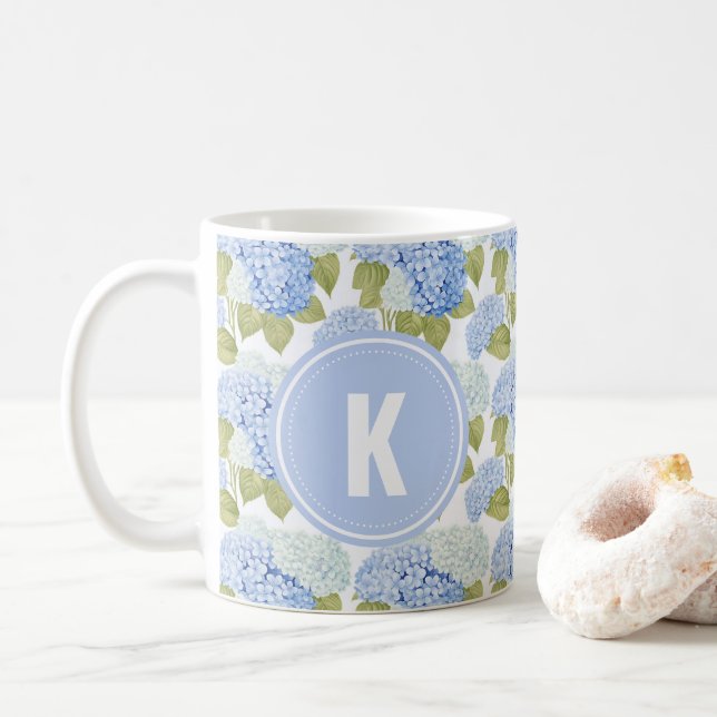 Elegant Blue Hydragea Flowers Pattern Monogram Coffee Mug (With Donut)