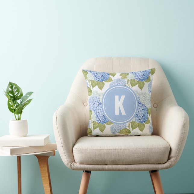 Elegant Blue Hydragea Flowers Pattern Monogram Cushion (Chair)