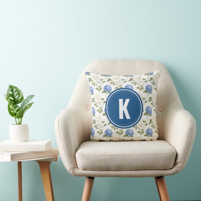 Elegant Blue Hydragea Flowers Pattern Monogram Cushion (Chair)