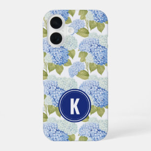 Elegant Blue Hydragea Flowers Pattern Monogram iPhone 16 Case