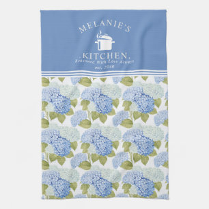 Elegant Blue Hydragea Flowers Pattern Monogram Tea Towel
