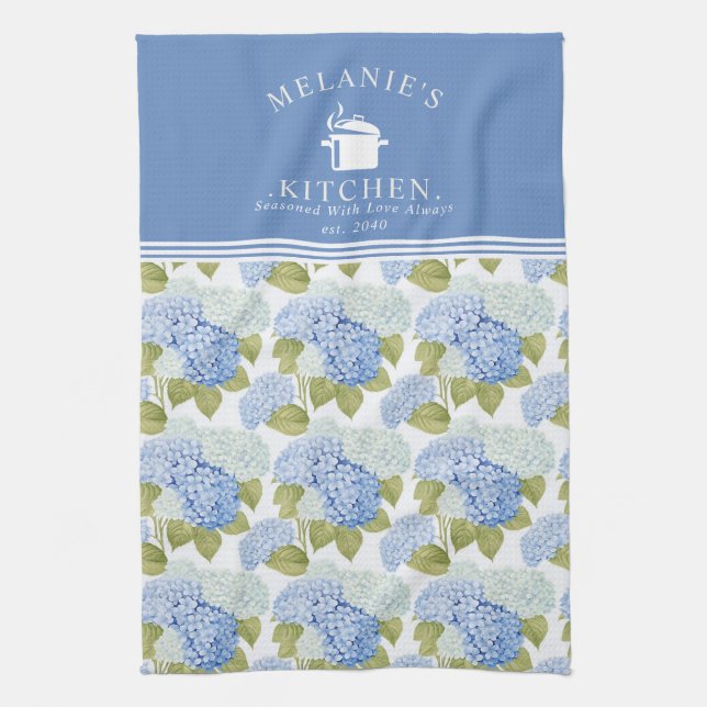 Elegant Blue Hydragea Flowers Pattern Monogram Tea Towel (Vertical)