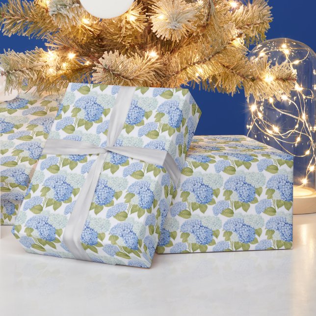 Elegant Blue Hydragea Flowers Pattern  Wrapping Paper (Holidays)