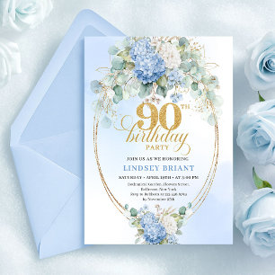 Elegant Blue Hydrangea 90th Birthday Invitation