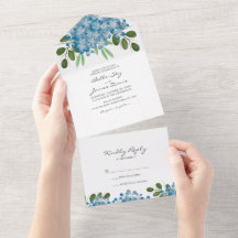 Elegant Blue Hydrangea All in One Wedding Invite