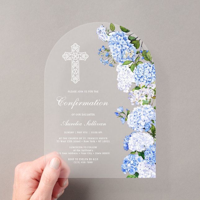 Elegant Blue Hydrangea Arch Confirmation Acrylic Invitations (Insitu (Handheld))