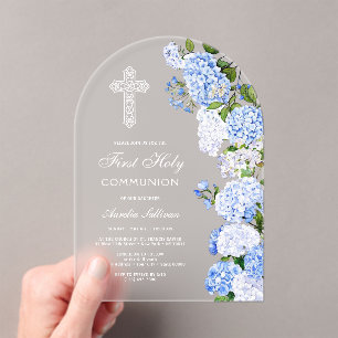 Elegant Blue Hydrangea Arch First Communion Acrylic Invitations