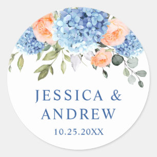 Elegant Blue Hydrangea Blush Pink Roses Classic Round Sticker