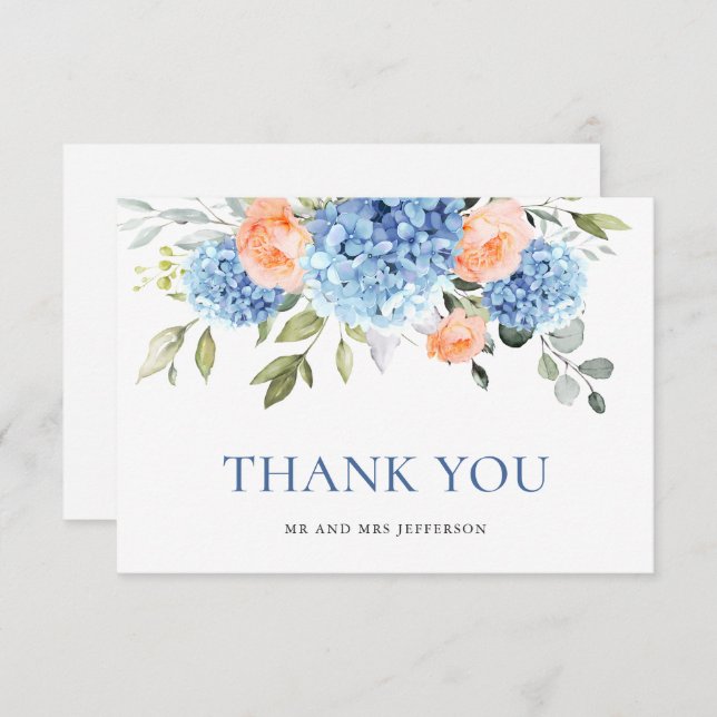 Elegant Blue Hydrangea Blush Pink Roses Flowers Thank You Card (Front/Back)