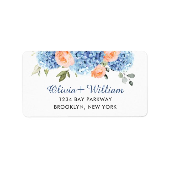Elegant Blue Hydrangea Blush Pink Roses Label (Front)