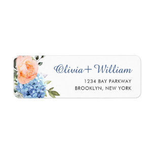 Elegant Blue Hydrangea Blush Pink Roses Return Address Label