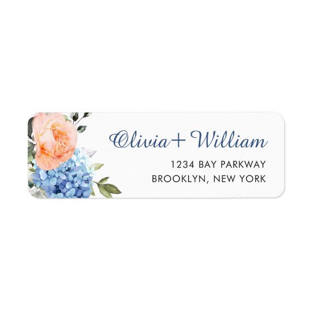 Elegant Blue Hydrangea Blush Pink Roses Return Address Label (Front)