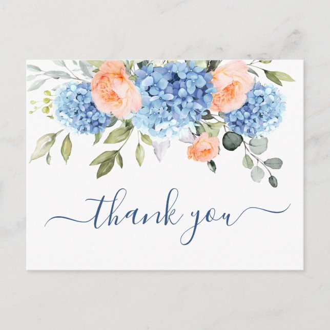 Elegant Blue Hydrangea Blush Pink Roses Thank You Postcard (Front)