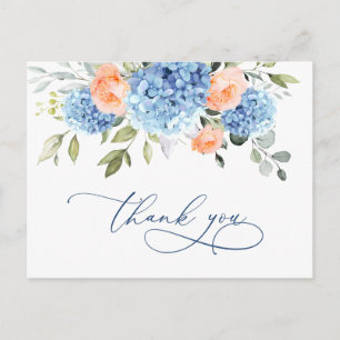 Elegant Blue Hydrangea Blush Pink Roses Thank You  Postcard