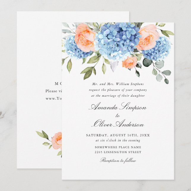 Elegant Blue Hydrangea Blush Pink Roses Wedding Invitation (Front/Back)