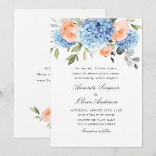 Elegant Blue Hydrangea Blush Pink Roses Wedding Invitation