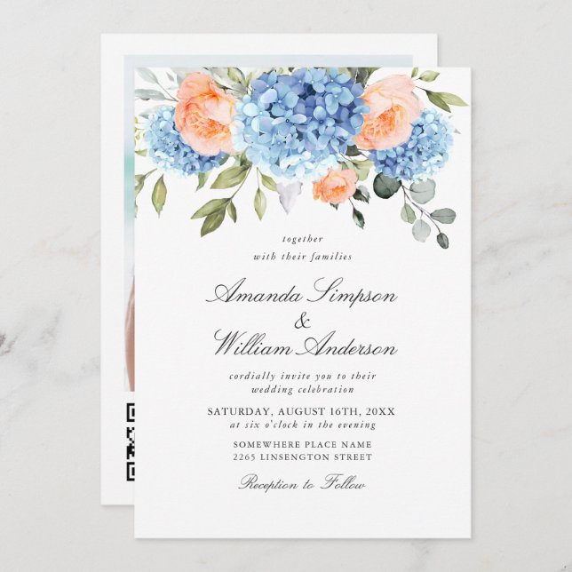 Elegant Blue Hydrangea Blush Pink Roses Wedding Invitation (Front/Back)