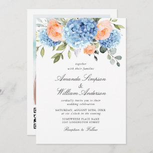 Elegant Blue Hydrangea Blush Pink Roses Wedding Invitation