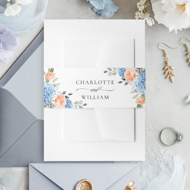 Elegant Blue Hydrangea Blush Pink Roses Wedding Invitation Belly Band (Creator Uploaded)