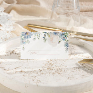 Elegant Blue Hydrangea & Blush Rose Wedding  Place Card