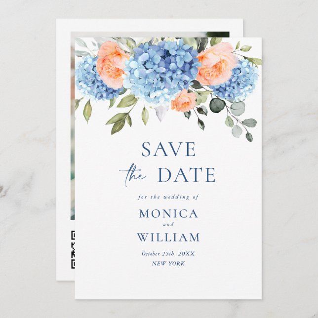 Elegant Blue Hydrangea Blush Roses Floral Wedding Save The Date (Front/Back)