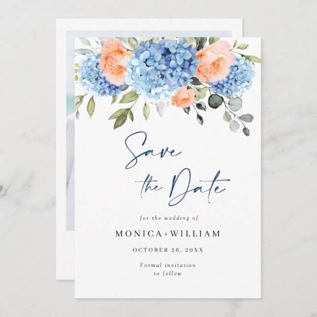 Elegant Blue Hydrangea Blush Roses Floral Wedding Save The Date (Front/Back)