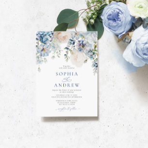 Elegant Blue Hydrangea & Blush Roses Wedding Invitation