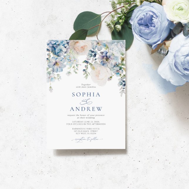 Elegant Blue Hydrangea & Blush Roses Wedding  Invitation (Creator Uploaded)