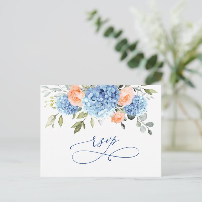 Elegant Blue Hydrangea Blush Roses Wedding RSVP Postcard (Standing Front)