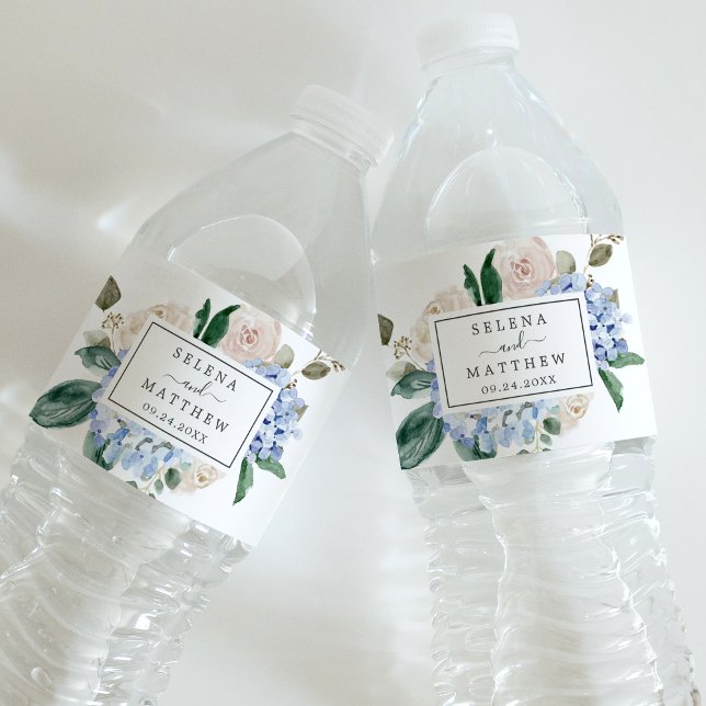 Elegant Blue Hydrangea Botanical Floral Wedding Water Bottle Label (Elegant Blue Hydrangea Botanical Floral Wedding Water Bottle Label)