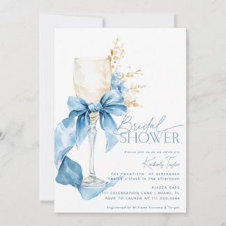Elegant Blue Hydrangea Bow Champagne Bridal Shower Invitation