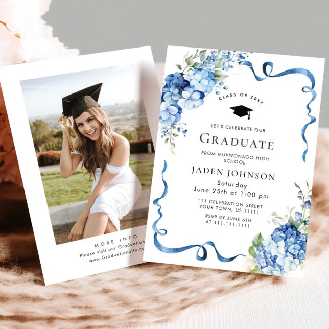 Elegant Blue Hydrangea Bow Photo Graduation Party Invitation (Creator Uploaded)