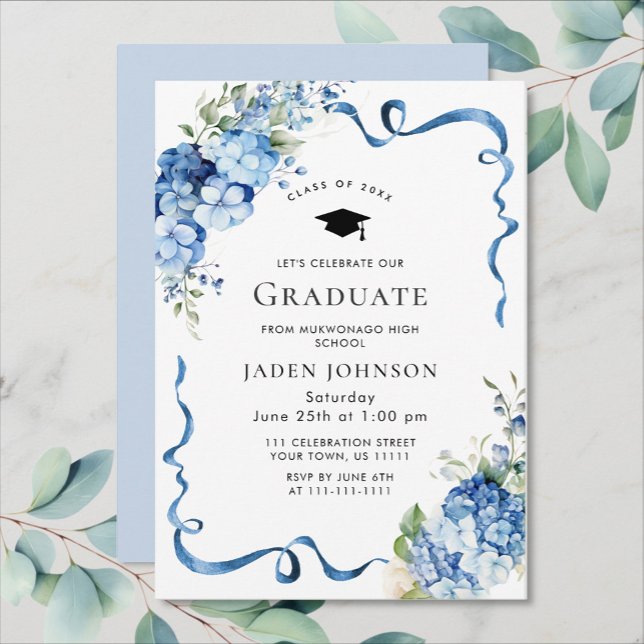 Elegant Blue Hydrangea Bow Ribbon Graduation Party Invitation (Creator Uploaded)