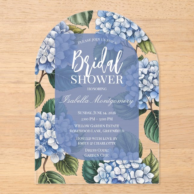 Elegant Blue Hydrangea Bridal Shower Acrylic Invitations (Front)