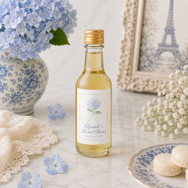 Elegant Blue Hydrangea Bridal Shower Mini Wine Label (Elegant Blue Hydrangea Bridal Shower Mini Wine Label)