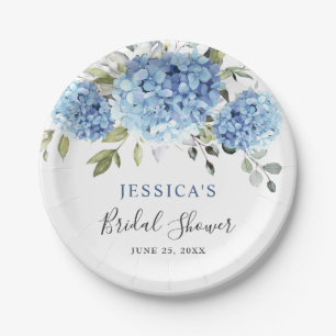 Elegant Blue Hydrangea Eucalyptus Bridal Shower Paper Plate