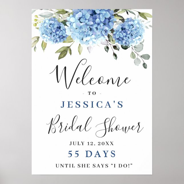 Elegant Blue Hydrangea Eucalyptus Bridal Shower Poster (Front)