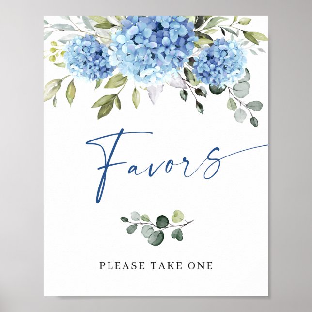Elegant Blue Hydrangea Eucalyptus Favours Sign (Front)
