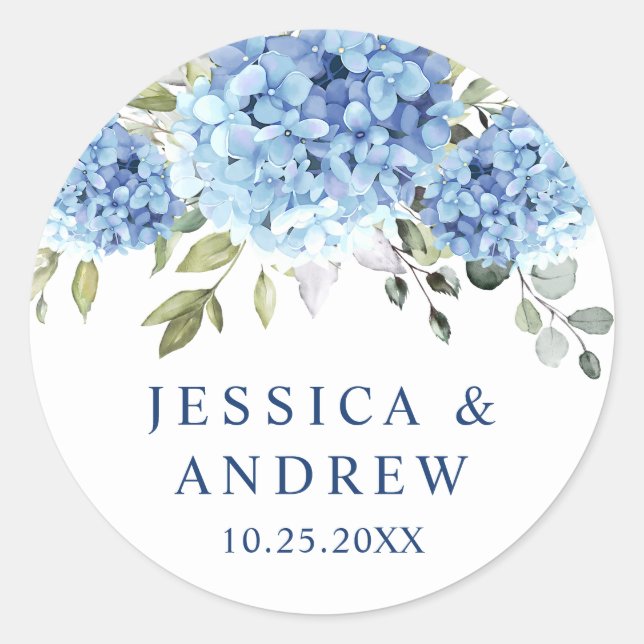 Elegant Blue Hydrangea Eucalyptus Wedding Classic Round Sticker (Front)
