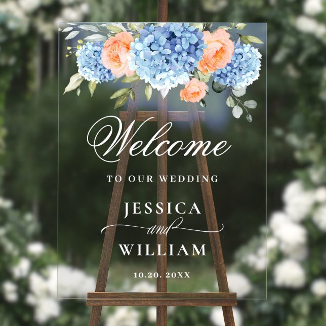 Elegant Blue Hydrangea Eucalyptus WEDDING Welcome Acrylic Sign (Creator Uploaded)