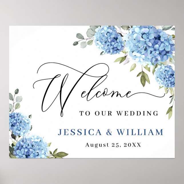 Elegant Blue Hydrangea Eucalyptus Wedding Welcome Poster (Front)