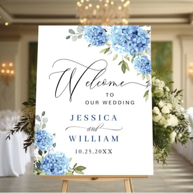 Elegant Blue Hydrangea Eucalyptus Wedding Welcome Poster (Creator Uploaded)